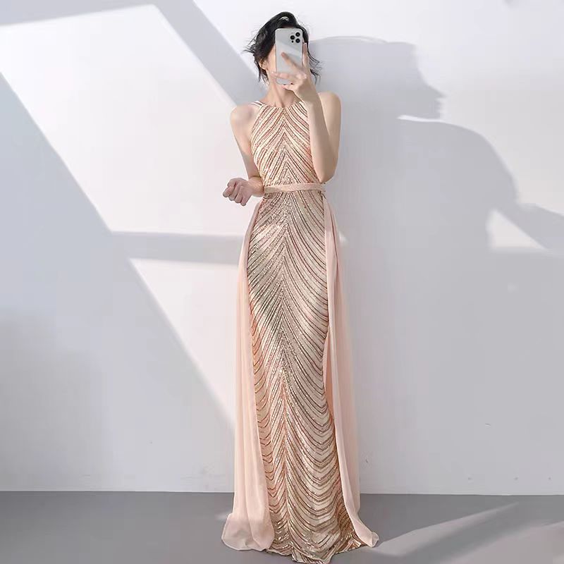 Sleek Black Sequined Halter Neck Mermaid Evening Dress