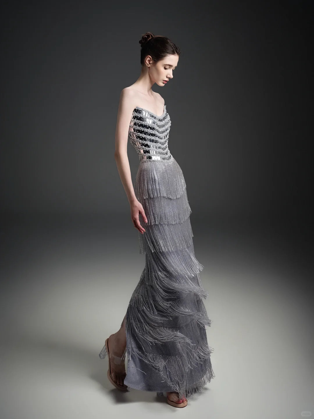 Silver Strapless Sequin Fringe Maxi Dress SL253