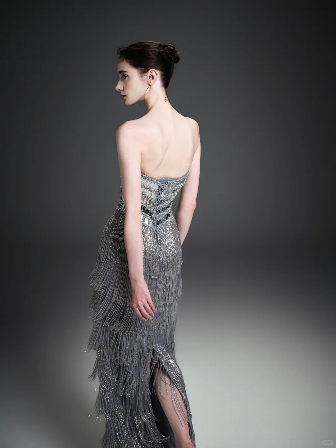 Silver Strapless Sequin Fringe Maxi Dress SL253