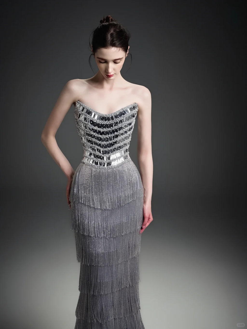 Silver Strapless Sequin Fringe Maxi Dress SL253