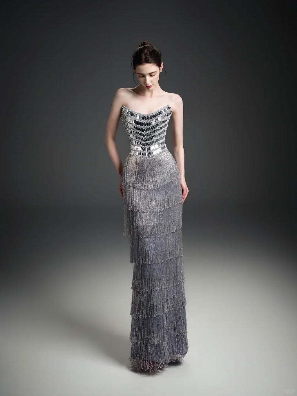 Silver Strapless Sequin Fringe Maxi Dress SL253