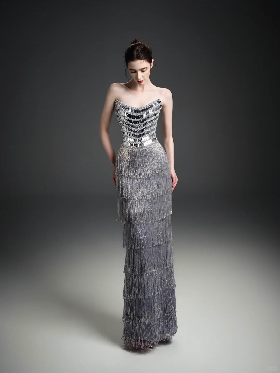 Silver Strapless Sequin Fringe Maxi Dress SL253