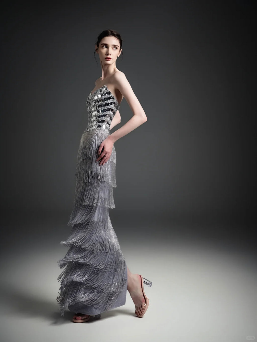 Silver Strapless Sequin Fringe Maxi Dress SL253