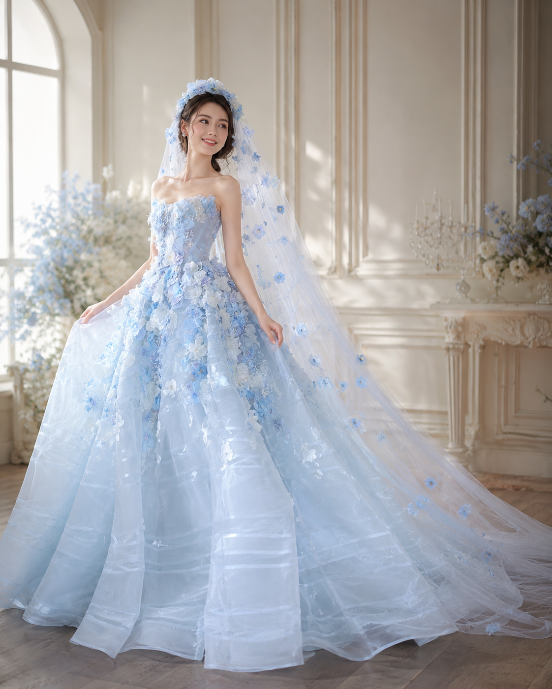 Luxury Blue Princess Dress with 3D Flowers Ball Gown for Quinceañera and Prom Dress SL141
