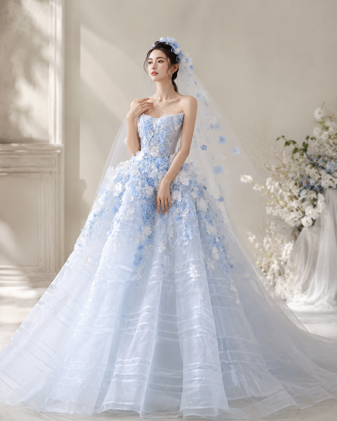 Luxury Blue Princess Dress with 3D Flowers Ball Gown for Quinceañera and Prom Dress SL141