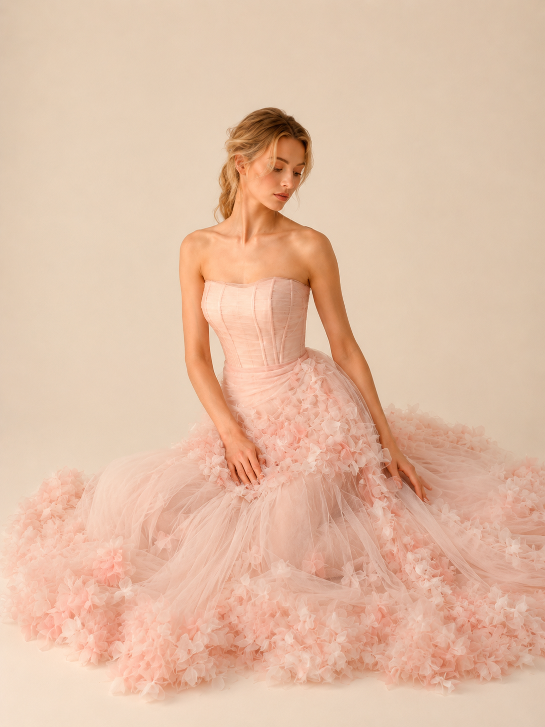 Elegant Blush Pink Strapless Floral Evening Gowns SL147