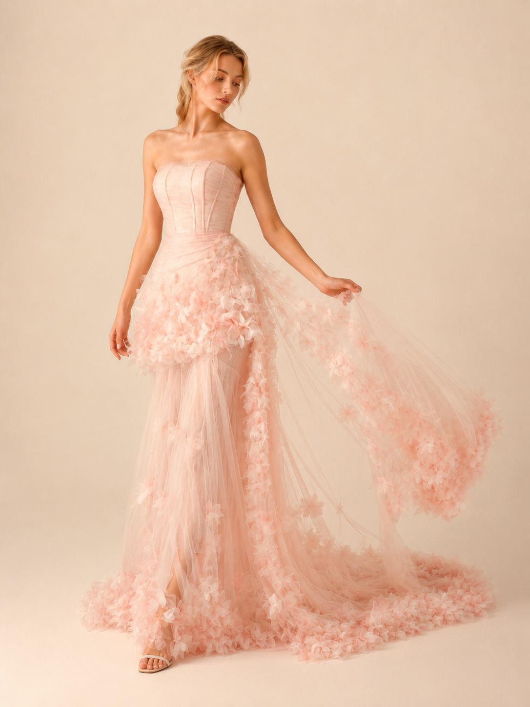 Elegant Blush Pink Strapless Floral Evening Gowns SL147