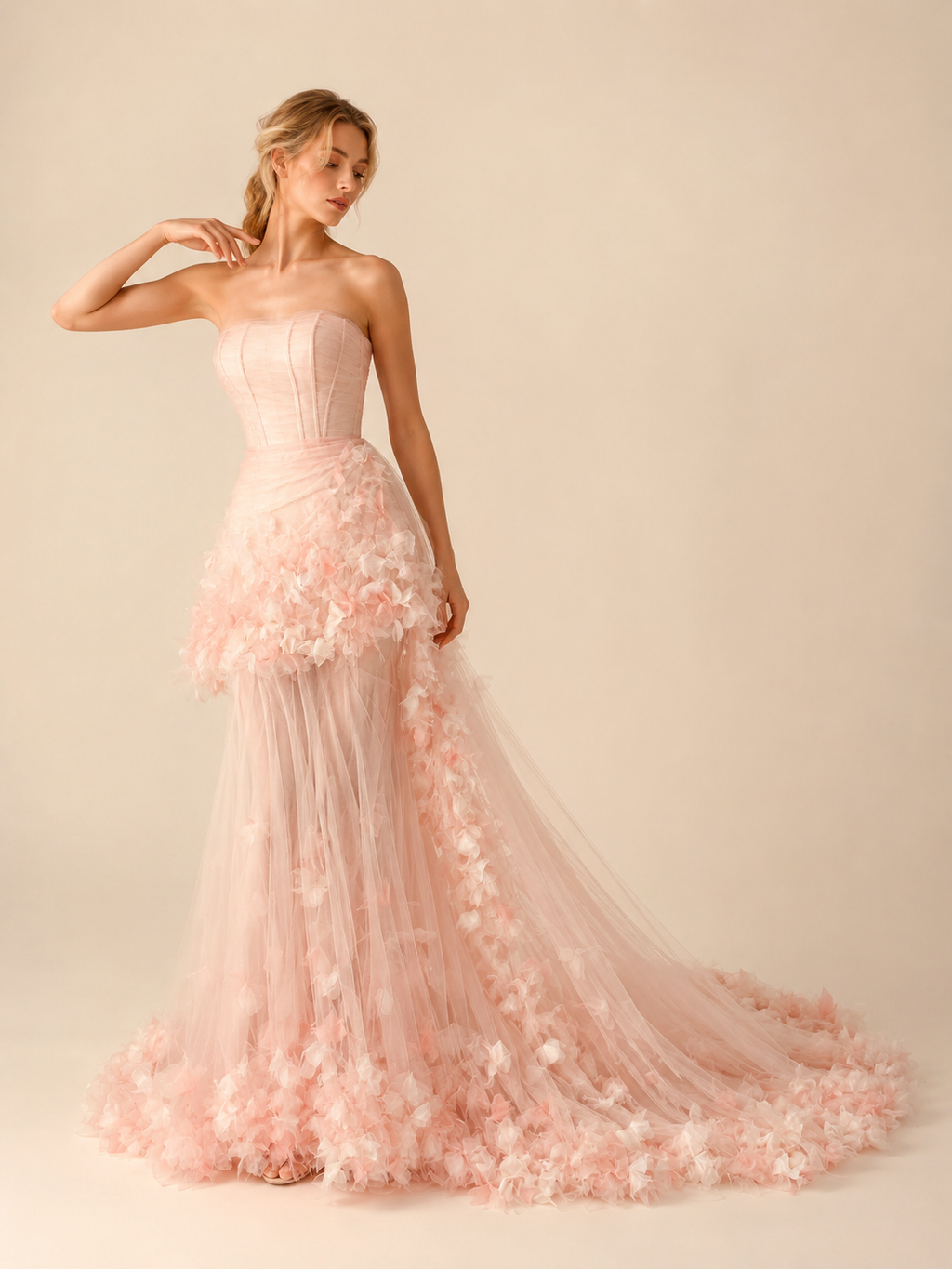 Elegant Blush Pink Strapless Floral Evening Gowns SL147