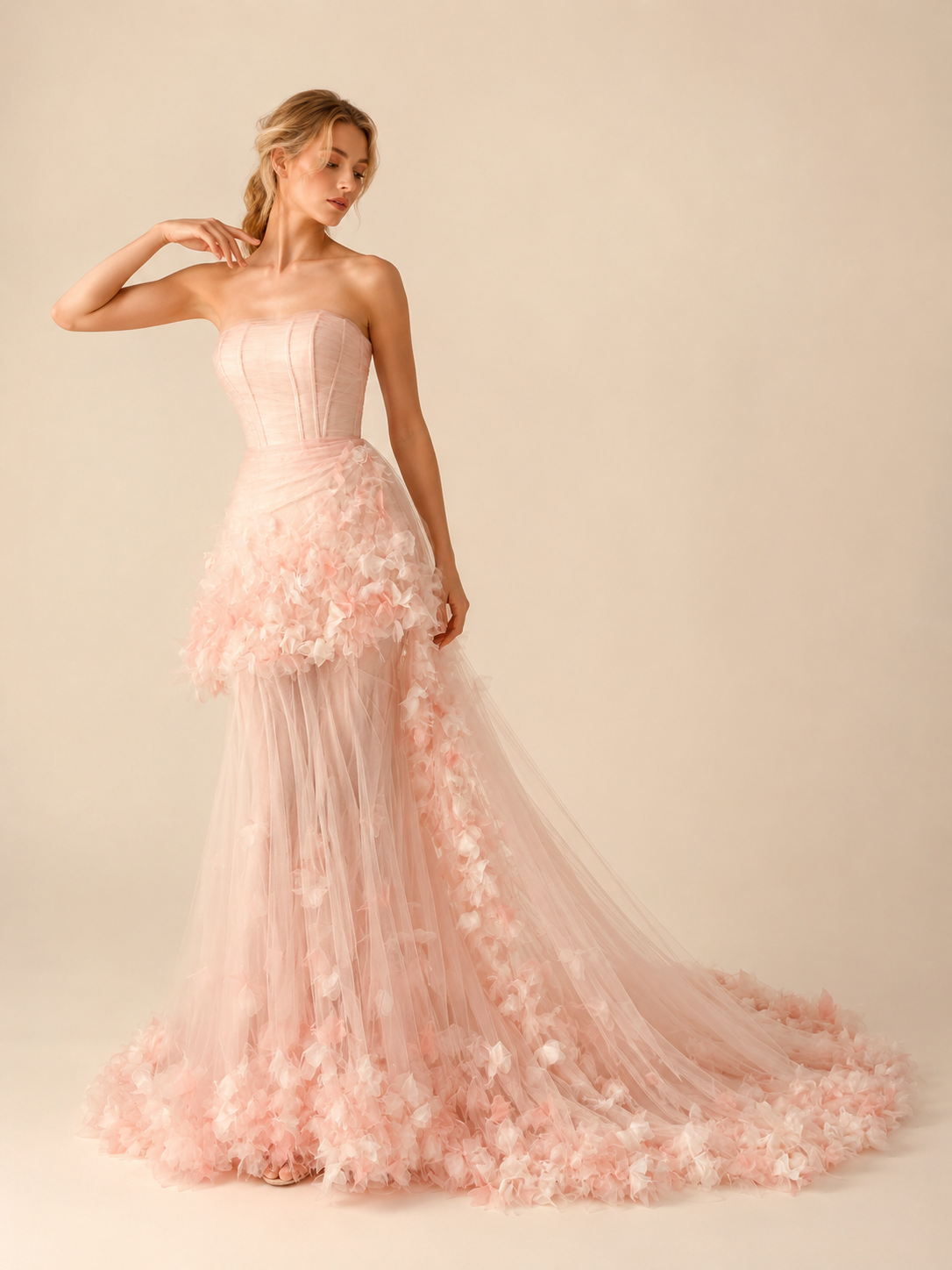 Elegant Blush Pink Strapless Floral Evening Gowns SL147