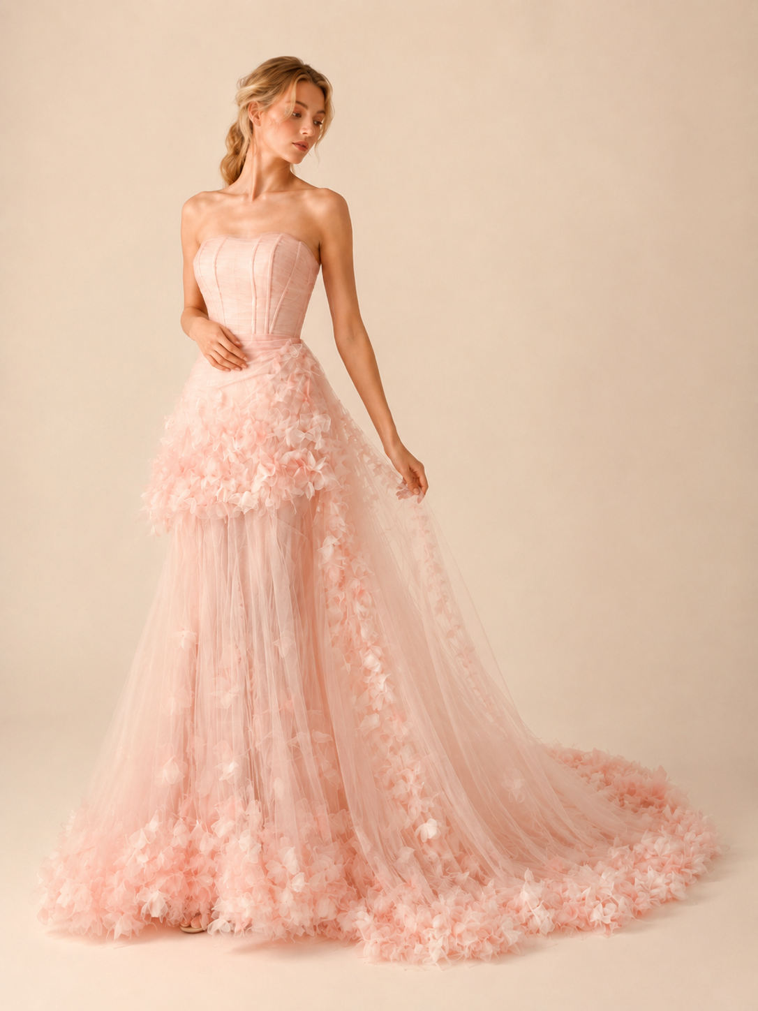 Elegant Blush Pink Strapless Floral Evening Gowns SL147