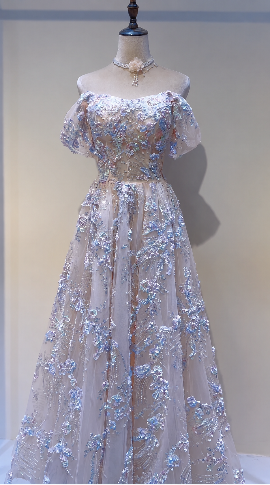 Luxury off shoulder evening gown with hand-beaded 3D floral appliqués embroidery WL164
