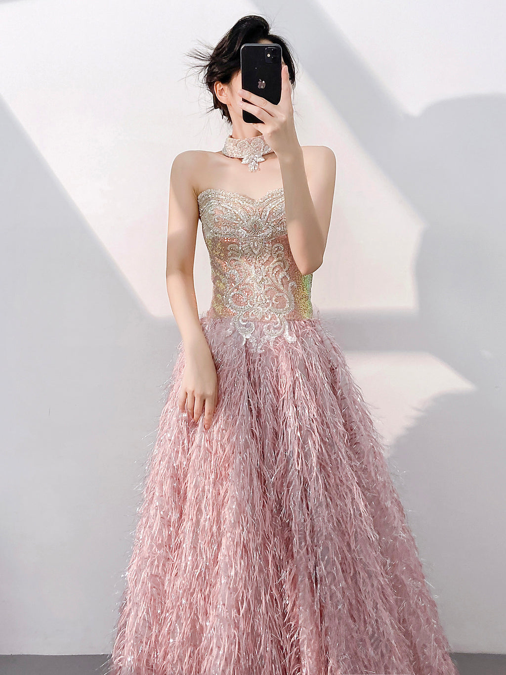 Luxury Pink Feather Ball Gown Sweetheart Prom Dress SL199