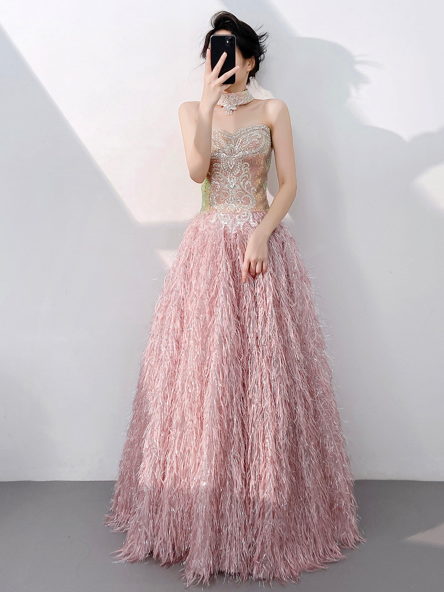 Luxury Pink Feather Ball Gown Sweetheart Prom Dress SL199