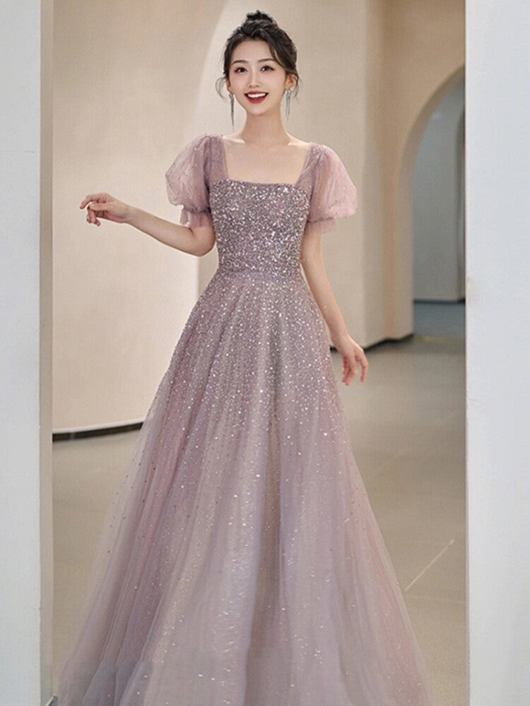 Elegant Pink Beads Evening Dress with Puff Sleeves Square Neck Formal Gown WL162