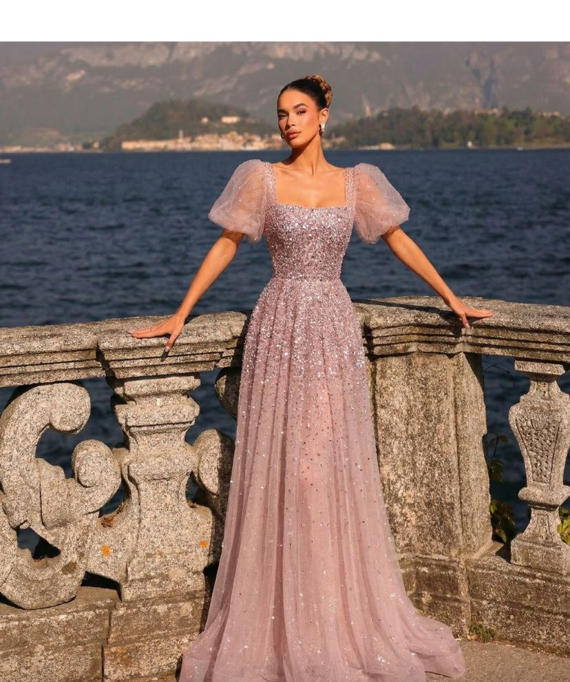 Elegant Pink Beads Evening Dress with Puff Sleeves Square Neck Formal Gown WL162