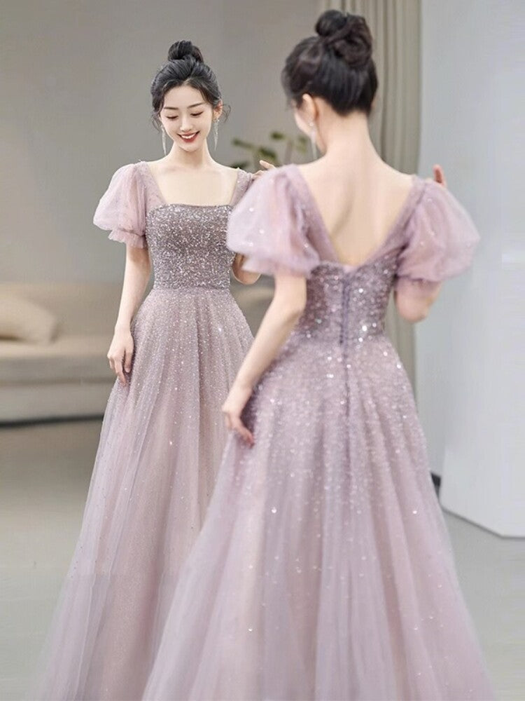 Elegant Pink Beads Evening Dress with Puff Sleeves Square Neck Formal Gown WL162