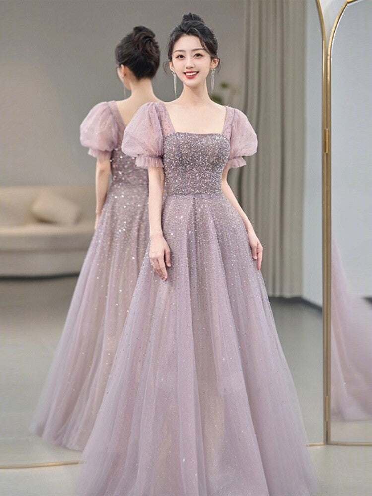 Elegant Pink Beads Evening Dress with Puff Sleeves Square Neck Formal Gown WL162