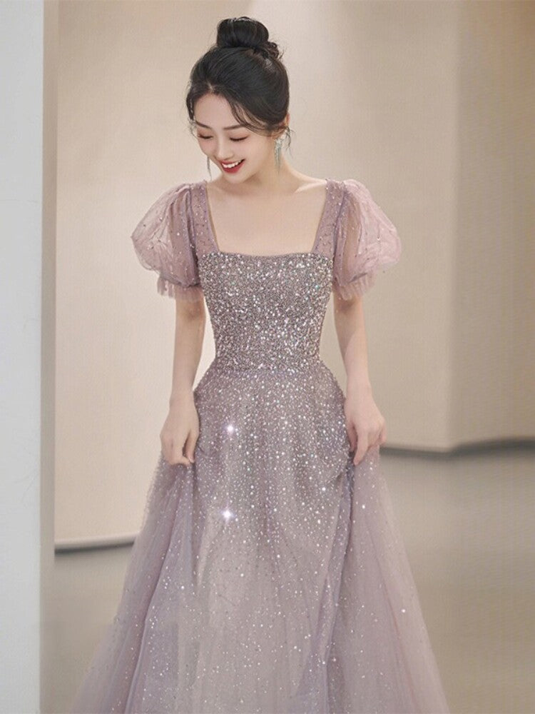 Elegant Pink Beads Evening Dress with Puff Sleeves Square Neck Formal Gown WL162
