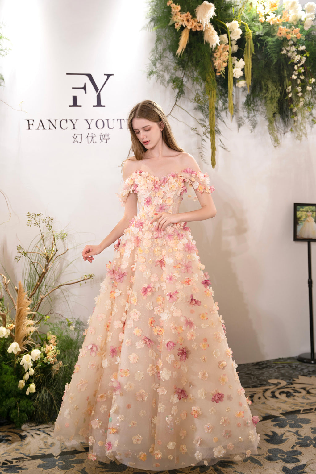 Luxury 3D Floral Ball Gown Romantic Off-Shoulder Princess Prom Dress SL156
