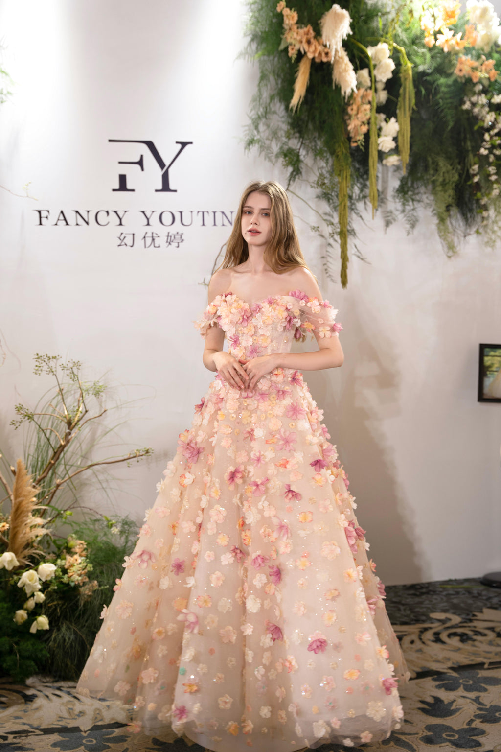 Luxury 3D Floral Ball Gown Romantic Off-Shoulder Princess Prom Dress SL156