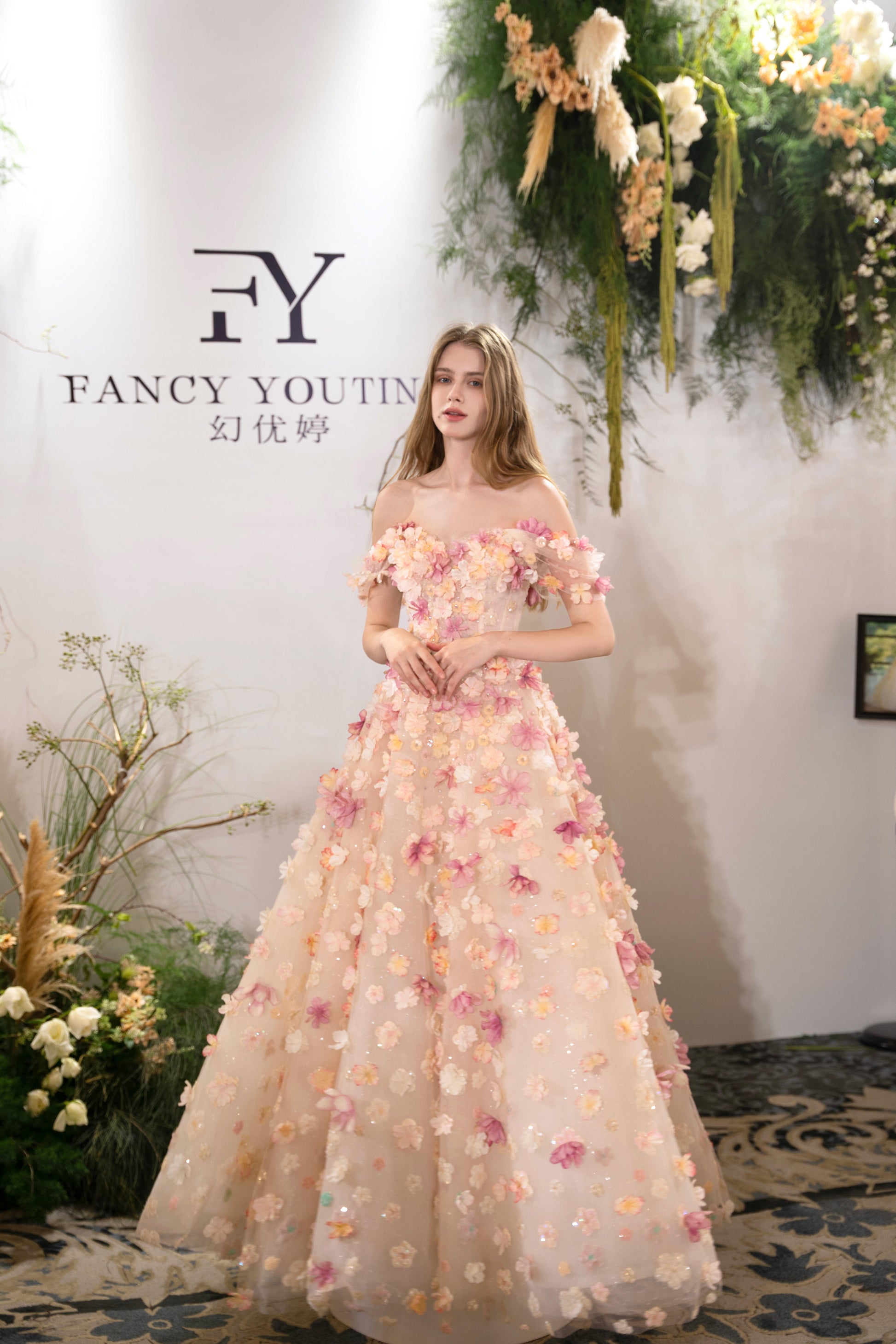 Luxury 3D Floral Ball Gown Romantic Off-Shoulder Princess Prom Dress SL156