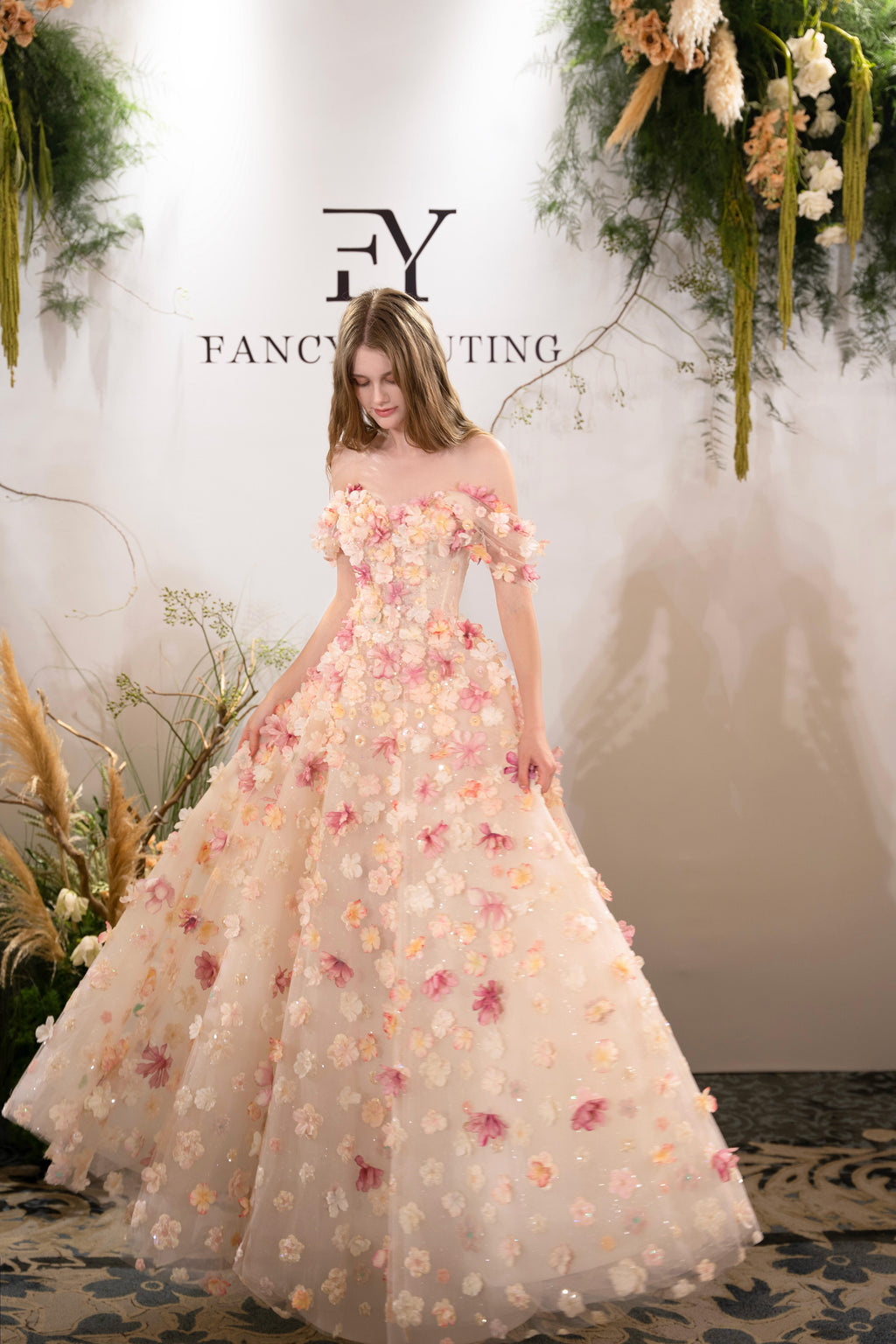 Luxury 3D Floral Ball Gown Romantic Off-Shoulder Princess Prom Dress SL156