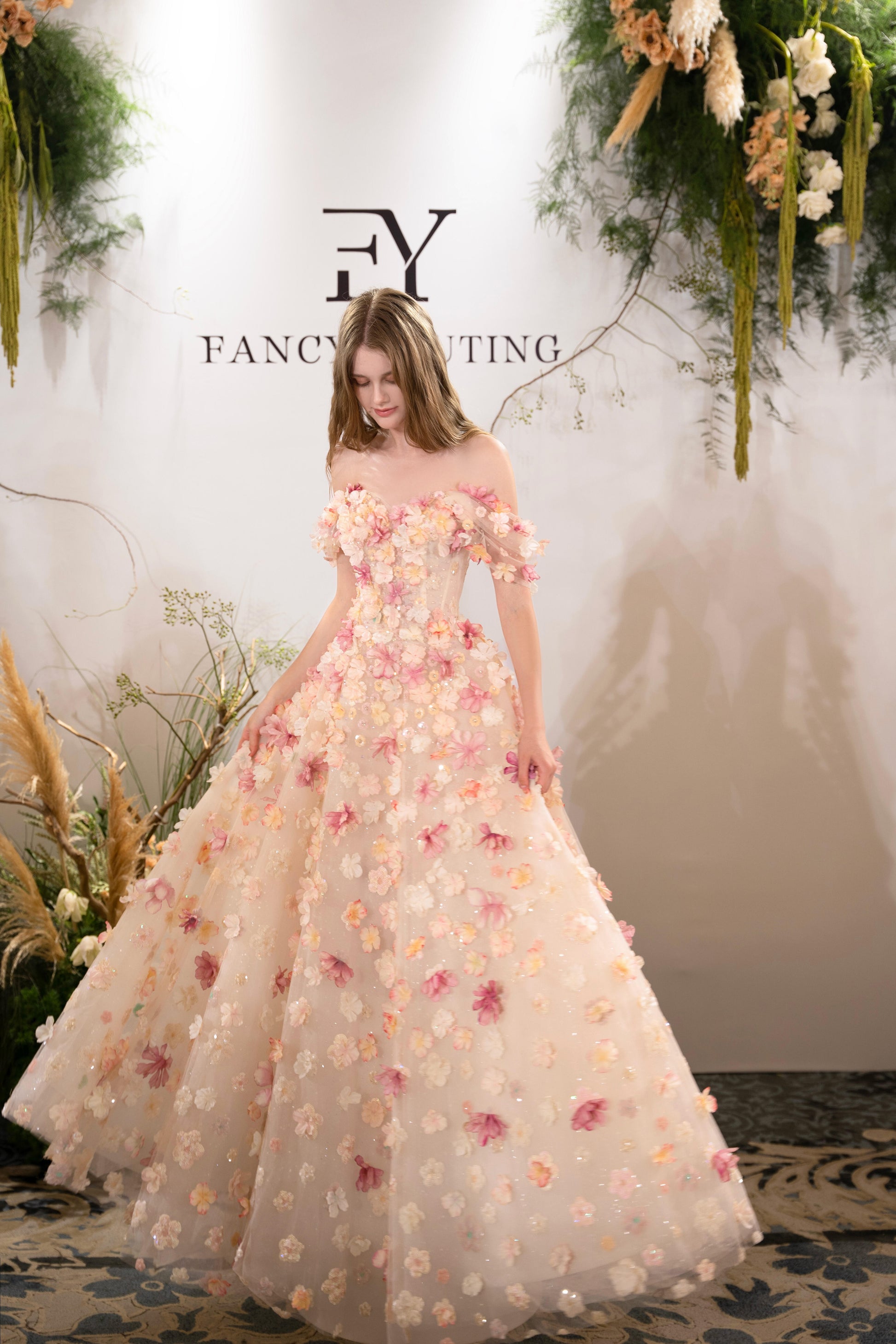 Luxury 3D Floral Ball Gown Romantic Off-Shoulder Princess Prom Dress SL156