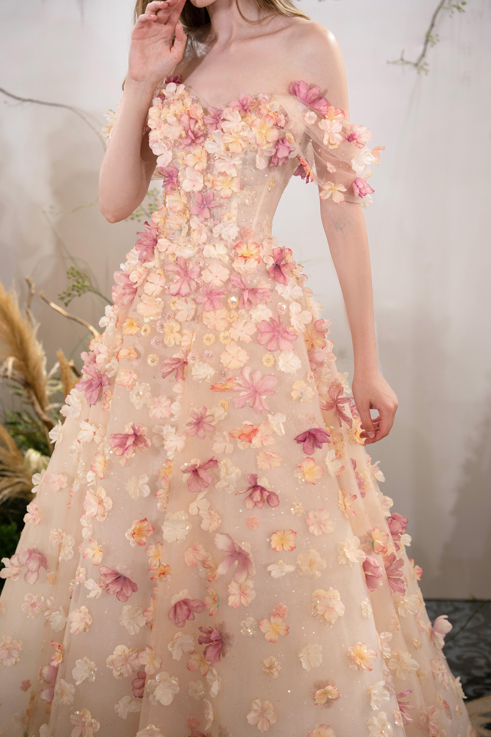 Luxury 3D Floral Ball Gown Romantic Off-Shoulder Princess Prom Dress SL156