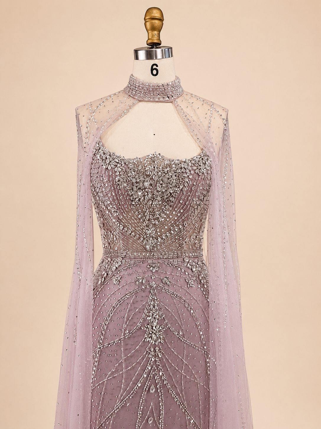 Sage Green Crystal Beaded Evening Gown with Cape Sleeves SL168