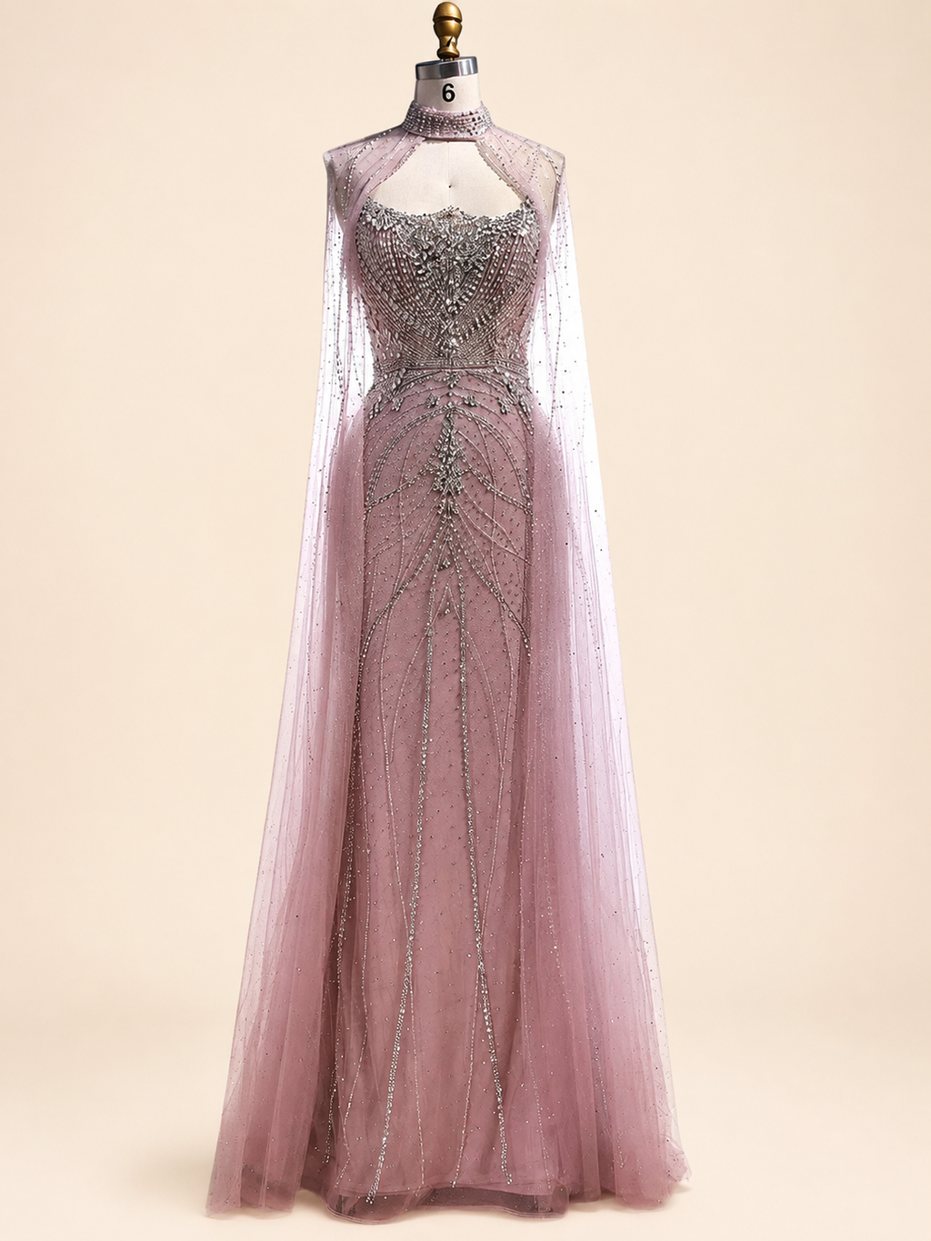 Sage Green Crystal Beaded Evening Gown with Cape Sleeves SL168