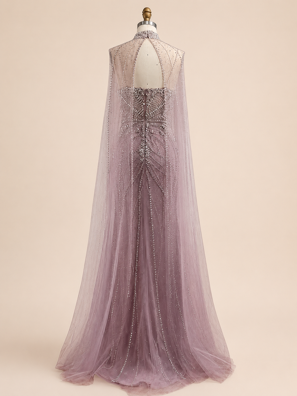 Sage Green Crystal Beaded Evening Gown with Cape Sleeves SL168