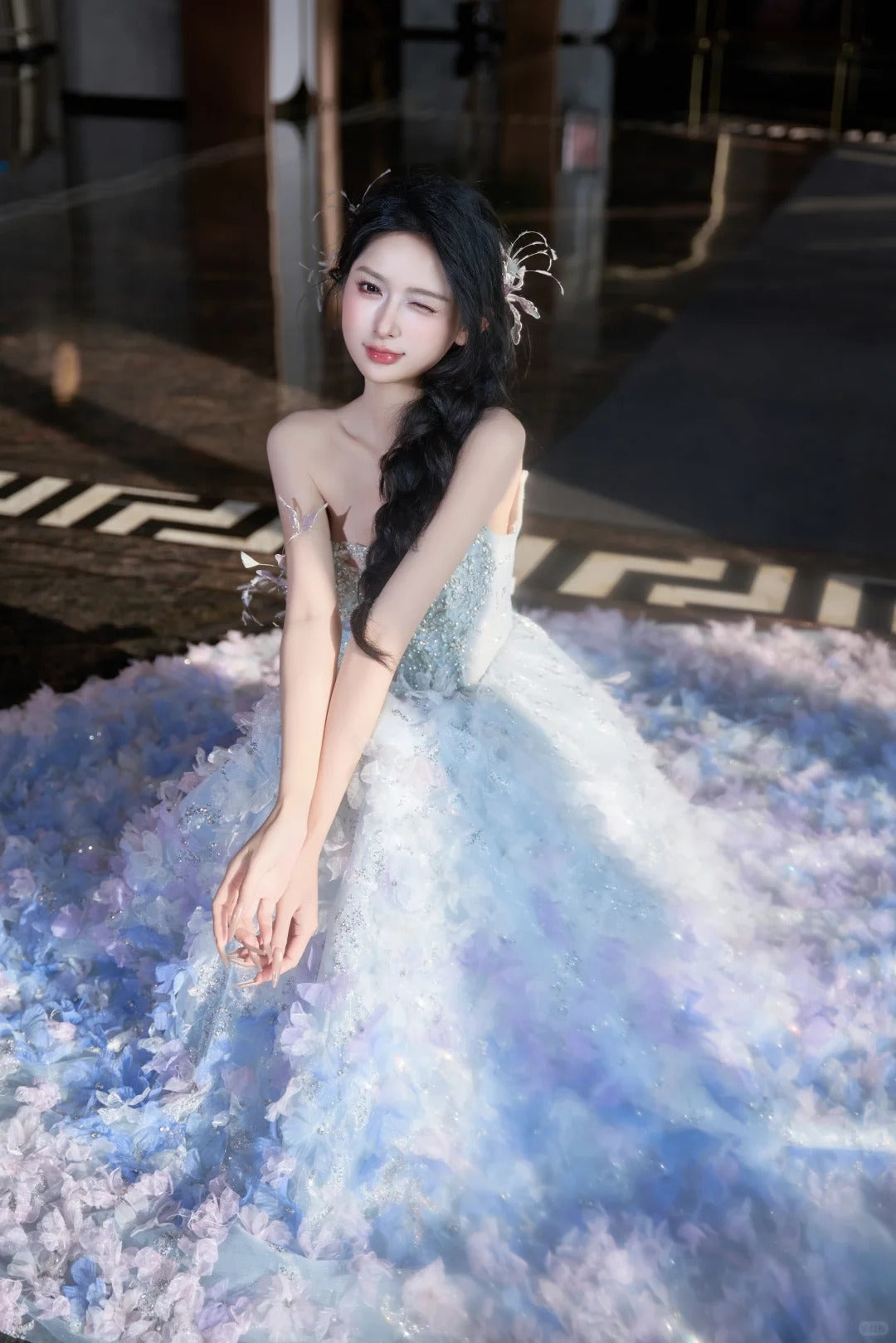 SL220 Sparkly Blue 3D Flower Detachable Sleeves Off-Shoulder  Evening Dress