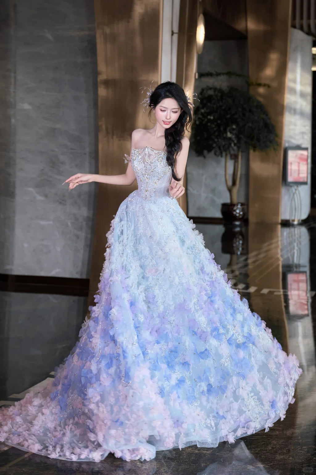 SL220 Sparkly Blue 3D Flower Detachable Sleeves Off-Shoulder  Evening Dress