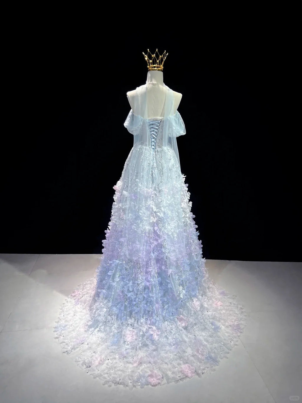 SL220 Sparkly Blue 3D Flower Detachable Sleeves Off-Shoulder  Evening Dress