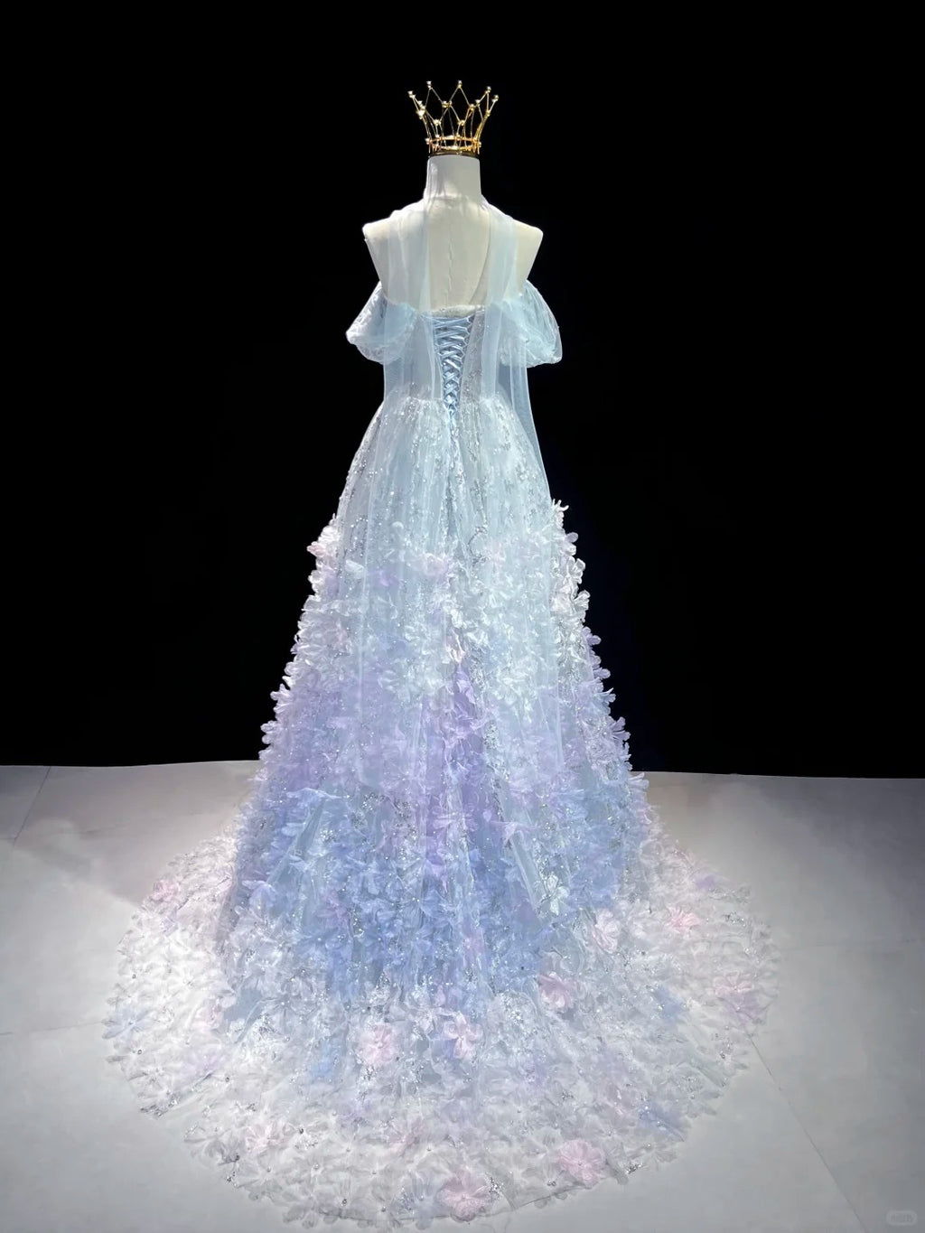 SL220 Sparkly Blue 3D Flower Detachable Sleeves Off-Shoulder  Evening Dress