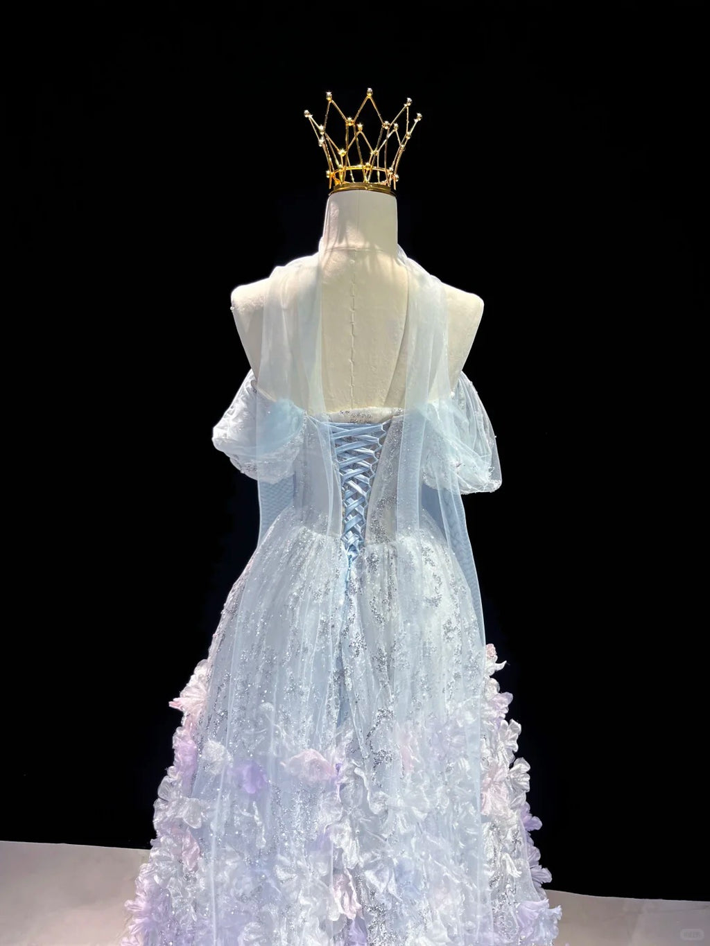SL220 Sparkly Blue 3D Flower Detachable Sleeves Off-Shoulder  Evening Dress