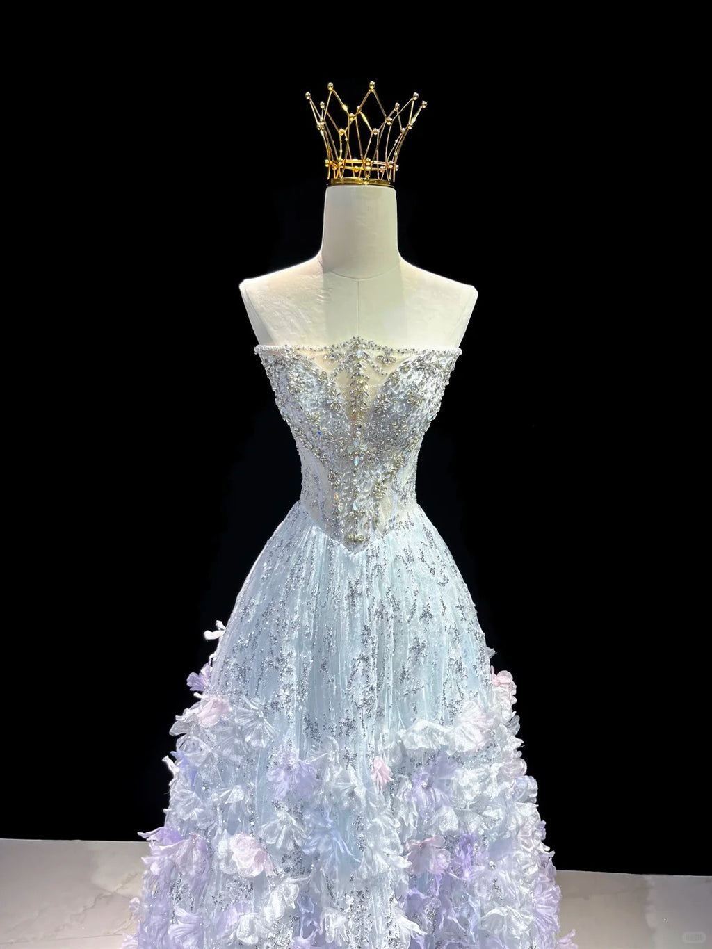 SL220 Sparkly Blue 3D Flower Detachable Sleeves Off-Shoulder  Evening Dress