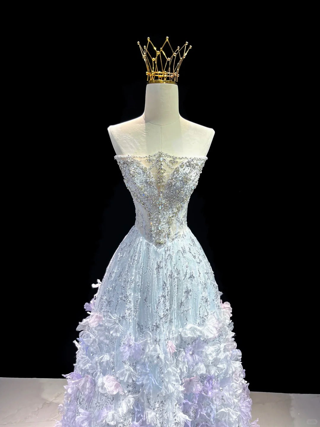 SL220 Sparkly Blue 3D Flower Detachable Sleeves Off-Shoulder  Evening Dress