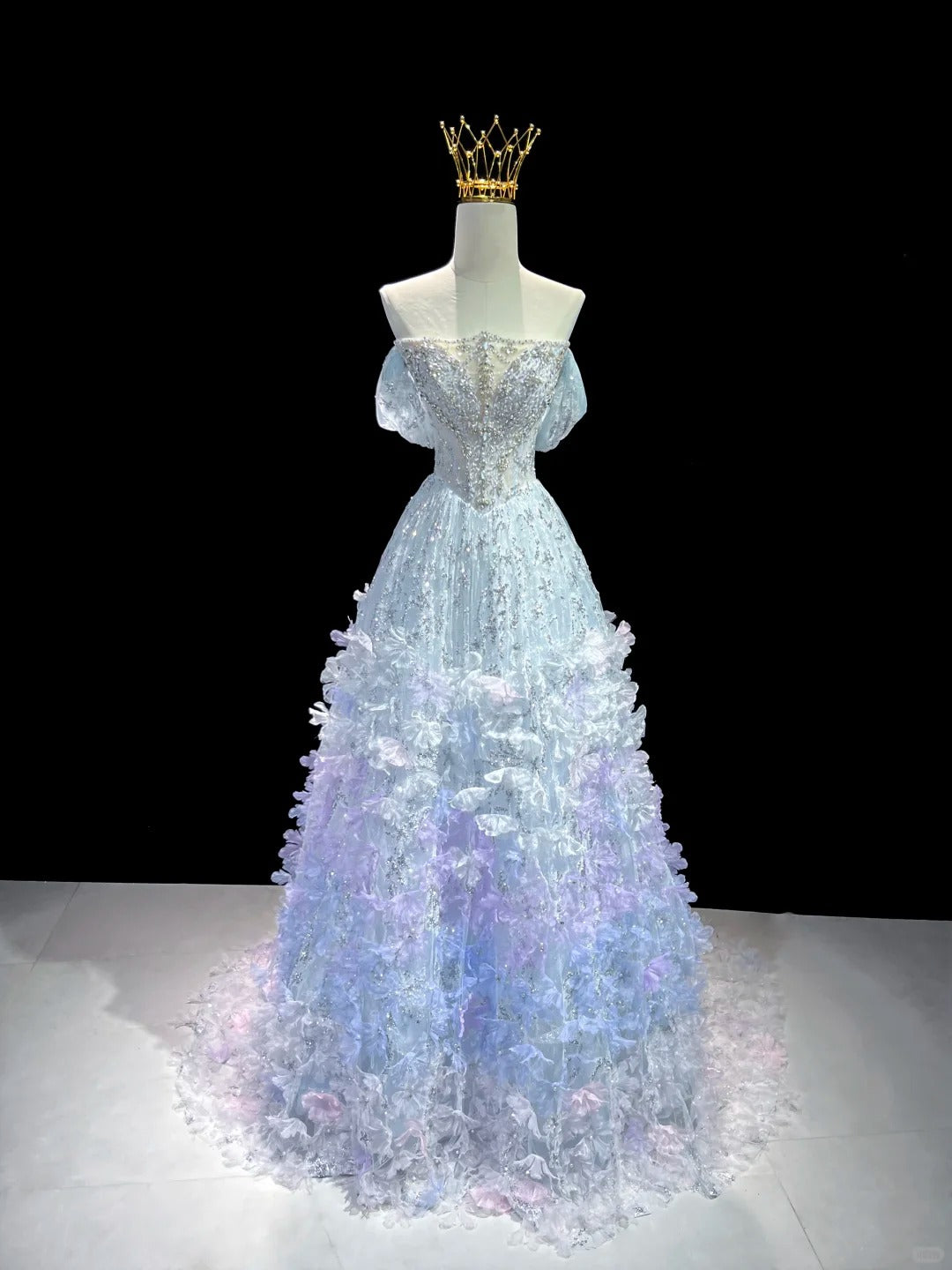 SL220 Sparkly Blue 3D Flower Detachable Sleeves Off-Shoulder  Evening Dress