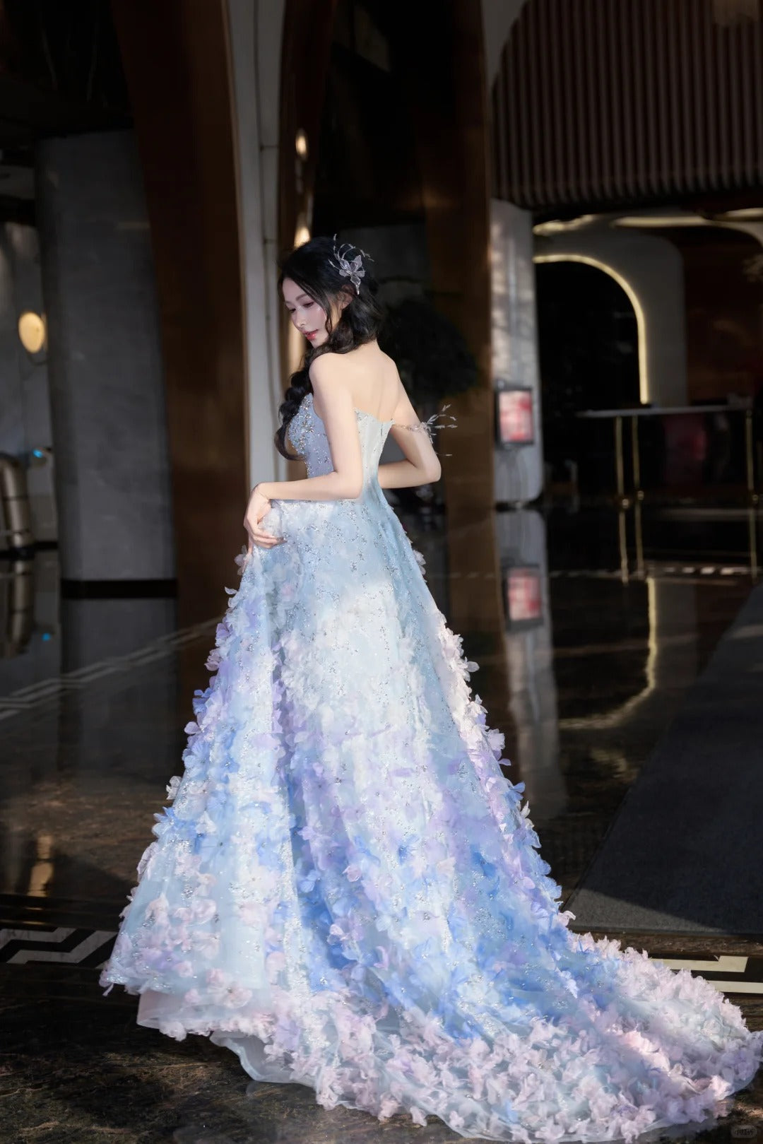 SL220 Sparkly Blue 3D Flower Detachable Sleeves Off-Shoulder  Evening Dress