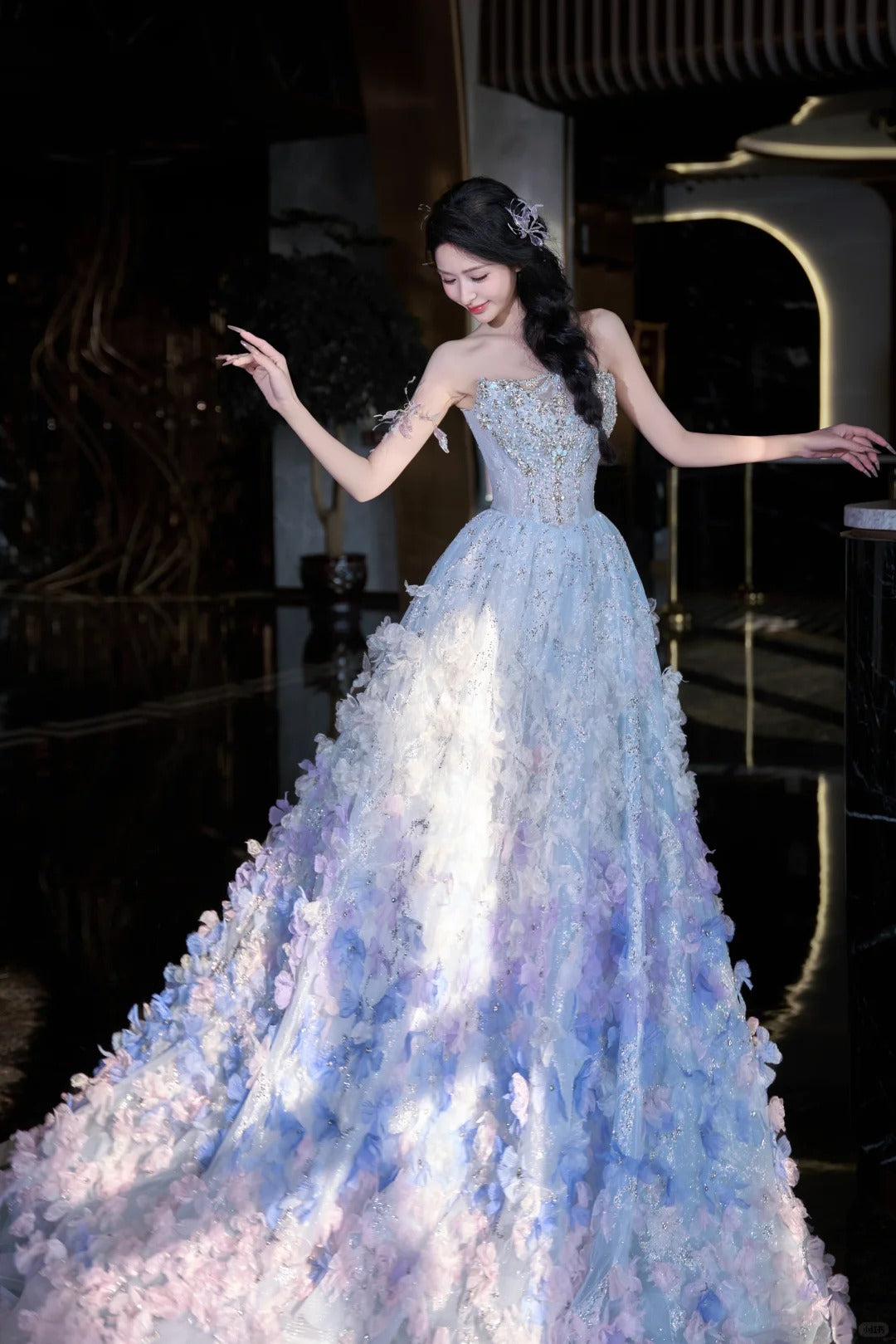 SL220 Sparkly Blue 3D Flower Detachable Sleeves Off-Shoulder  Evening Dress