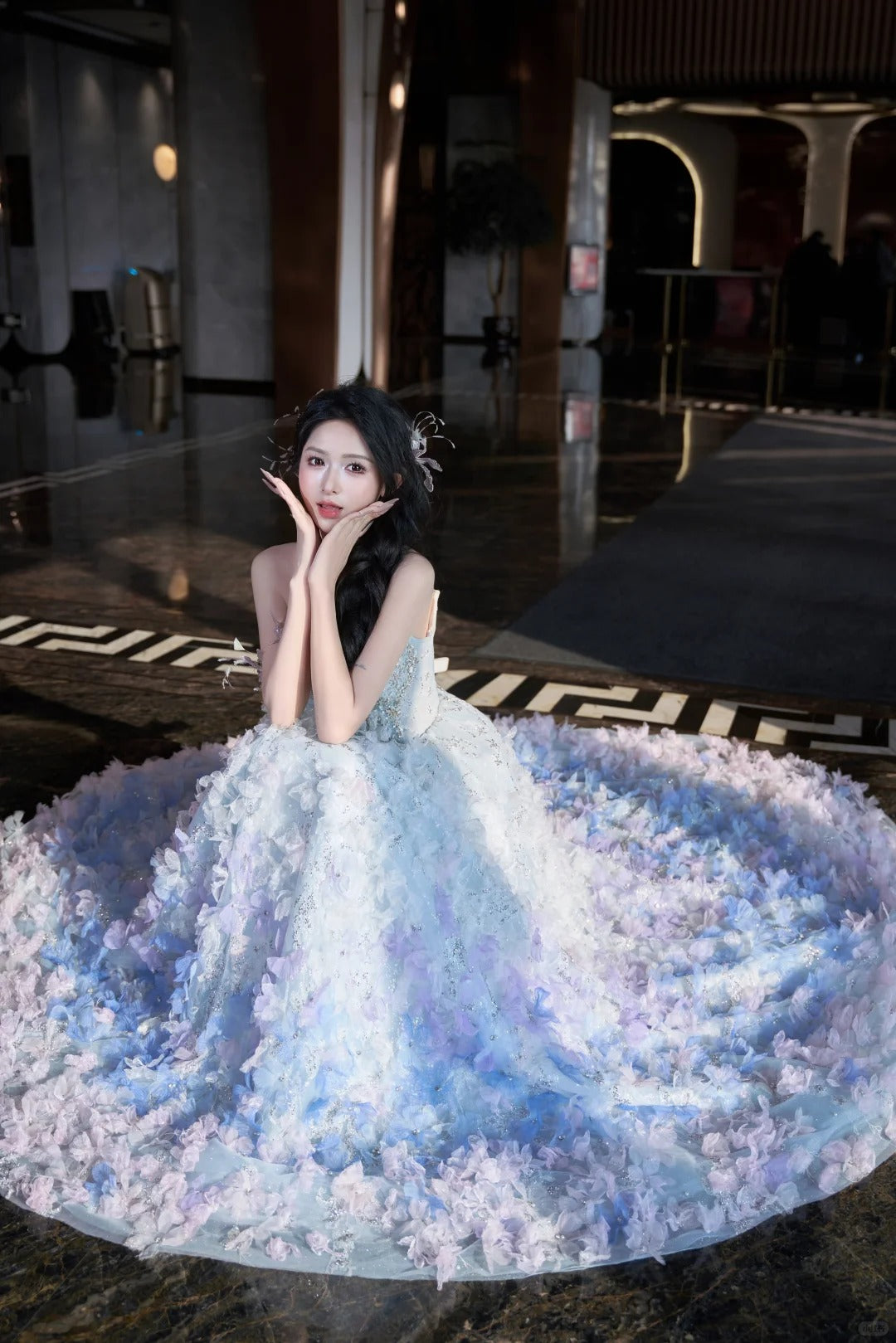 SL220 Sparkly Blue 3D Flower Detachable Sleeves Off-Shoulder  Evening Dress