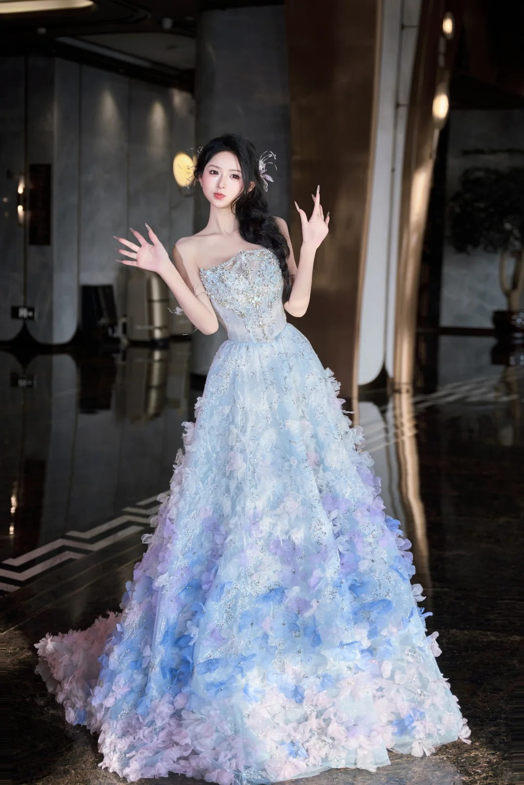 SL220 Sparkly Blue 3D Flower Detachable Sleeves Off-Shoulder  Evening Dress