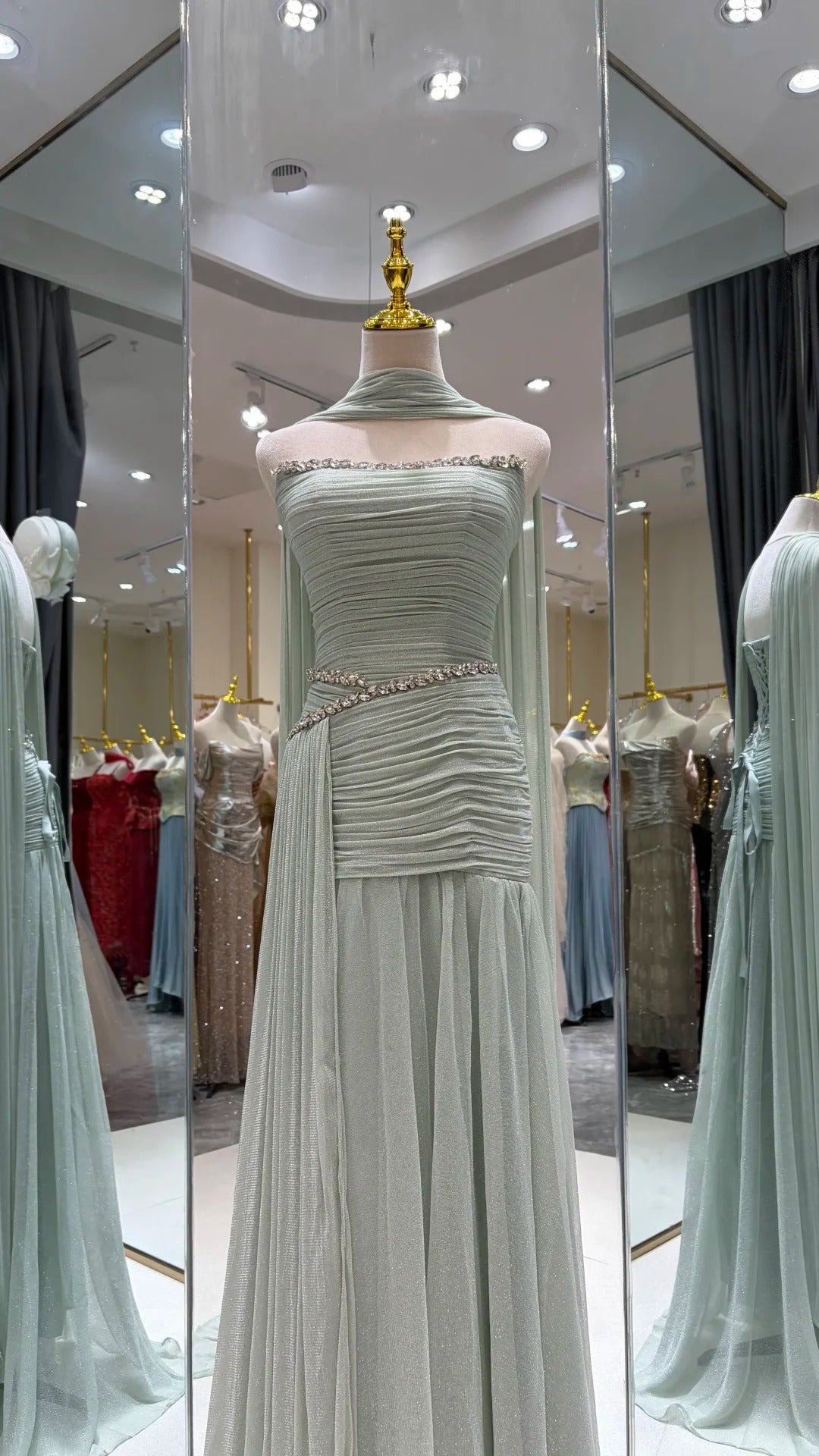 SL221 Sage Green Strapless Ruched Evening Dress with Scarf
