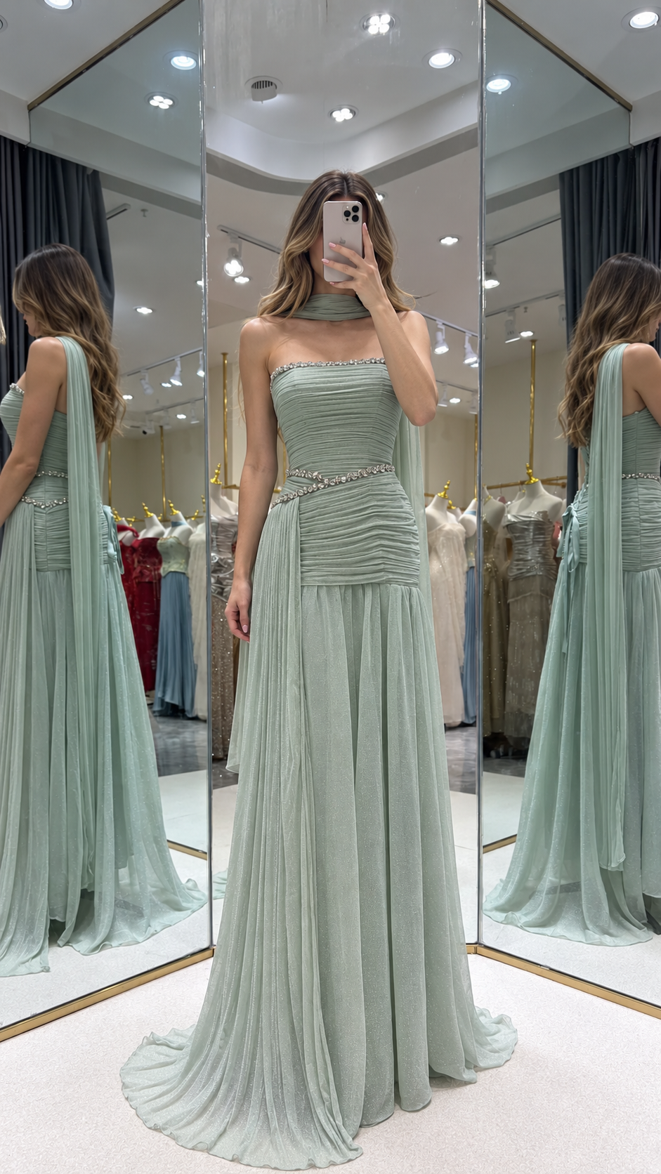 SL221 Sage Green Strapless Ruched Evening Dress with Scarf