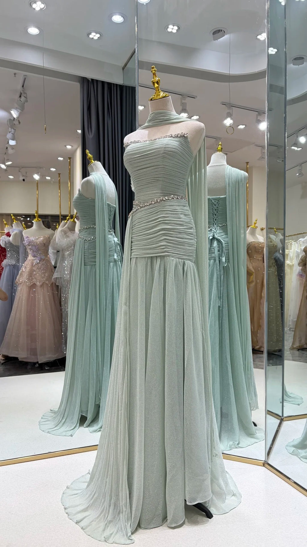SL221 Sage Green Strapless Ruched Evening Dress with Scarf