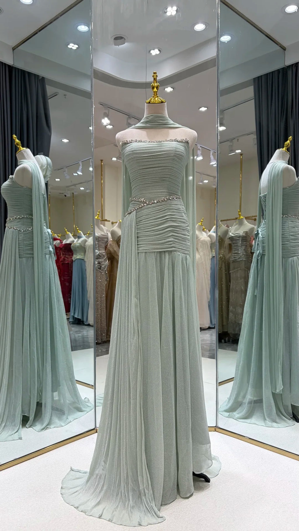 SL221 Sage Green Strapless Ruched Evening Dress with Scarf