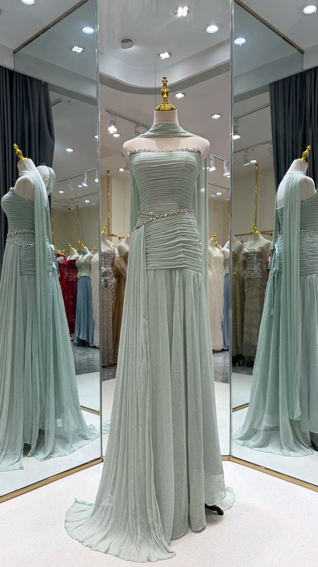 SL221 Sage Green Strapless Ruched Evening Dress with Scarf