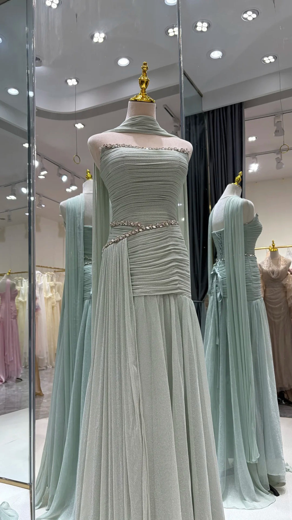 SL221 Sage Green Strapless Ruched Evening Dress with Scarf