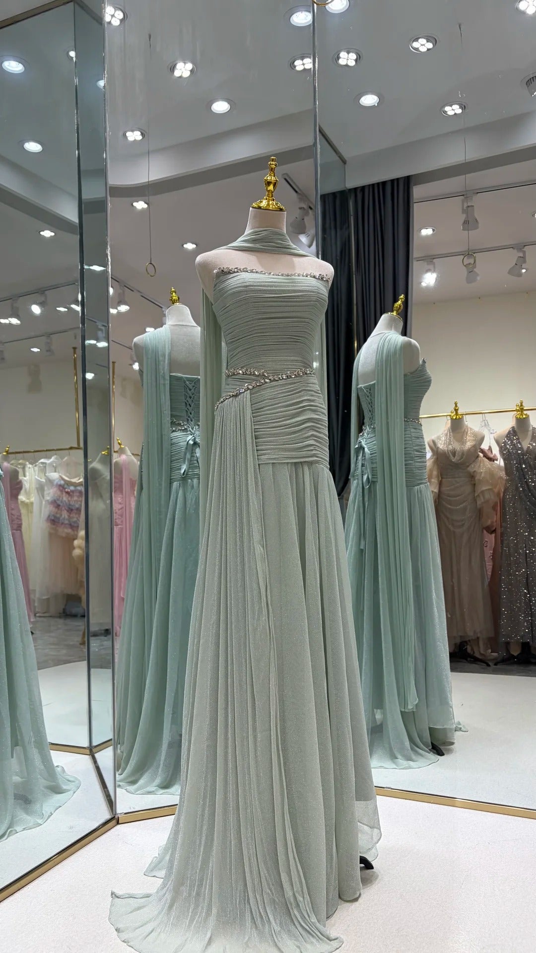SL221 Sage Green Strapless Ruched Evening Dress with Scarf